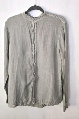 Sisley Gray Linen Band Collar Long Sleeve Button-Up Shirt Sz L minimalist eco